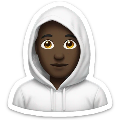 dark skinned man in white hoodie with white pointed hood sticker