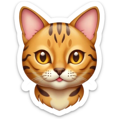 Cinematic Cute Bengal Cat Portrait Emoji, Playful and charming, sleek spotted brown and gold tones, Simplified yet adorable features, highly detailed, glowing with a warm, friendly glow, high shine, curious and affectionate, stylized with a touch of whimsy, bright and alert, soft glowing outline, capturing the essence of a mischievous yet loving kitten, so endearing it feels like it could pounce out of the screen and play! sticker