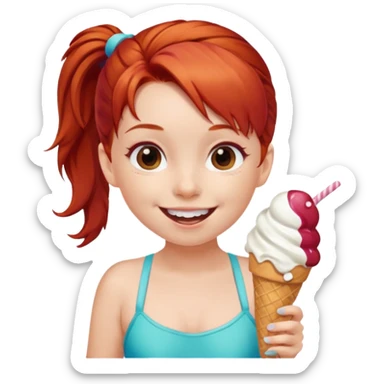 girl kid red haired swimsuit, eating ice cream, ponytail sticker