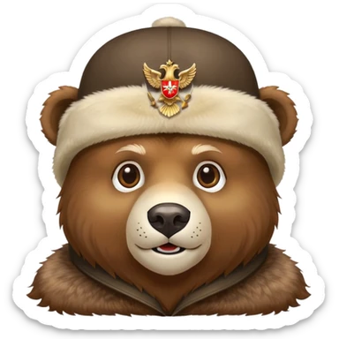 Friendly bear face wearing traditional Russian ushanka hat with double-headed eagle emblem, iOS emoji style sticker