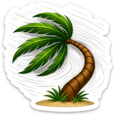 Make the stylized palm tree in strong wind more dramatic: curve the trunk further, show leaves almost horizontal, add motion streaks and wind effects, keep the background transparent. Style: stylized palm tree in strong wind with enhanced motion and wind effects. sticker