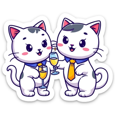 happy girl cat with eyelashes wearing a colorful necktie and happy boy cat wearing a professional necktie clinking champagne glasses together in celebration, both with cheerful expressions sticker