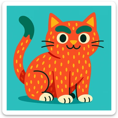 a cat with skin covered in strawberry patterns, thick bushy eyebrows, and white toes, playful illustration style, vibrant colors sticker