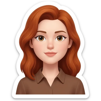 woman with half up half down auburn hair and pale lavender skin. She is wearing brown shirt sticker