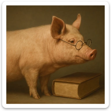 side view of a pig, realistic style, academic color palette, with subtle scholarly elements like glasses or a book, minimal background sticker