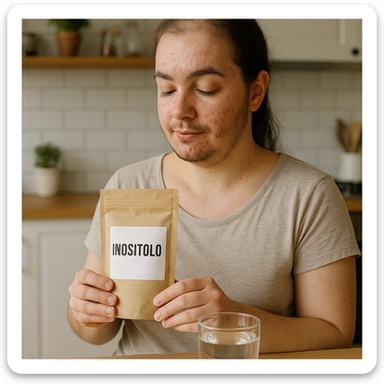 Lifestyle photograph of a woman with PCOS in a kitchen holding a package with the label 'Inositolo' clearly readable near a glass of water. She has acne and facial hair, thin hair, and a serene expression with natural light. sticker