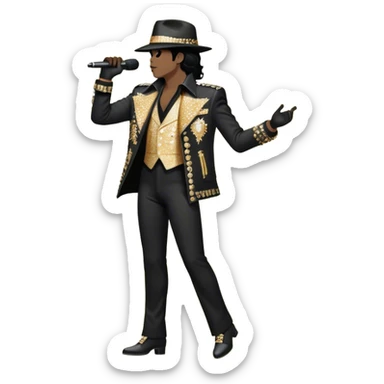 Create a dynamic and stylish emoji representing pop vocal performance with a vintage stage microphone as the central element, surrounded by iconic elements of Michael Jackson’s stage presence. Include a silhouette of his famous glittering jacket or sequined gloves, paired with the microphone to evoke his unique style. Add dramatic musical notes swirling around the microphone and jacket to symbolize the energy and showmanship of pop vocals. Use bold colors like gold, black, silver, and white to reflect the glamour and electrifying performance of a pop legend. The background should be transparent. sticker