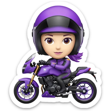 Créer un emoji avec une moto mt07 sport noir mate / violet iridescent très foncé, pare-brise de la moto violet. Avec une femme pilote dessus, visage caché’ par la visière violette, visière cachant tout le visage .Avec en arrière plan cercle violet. sticker