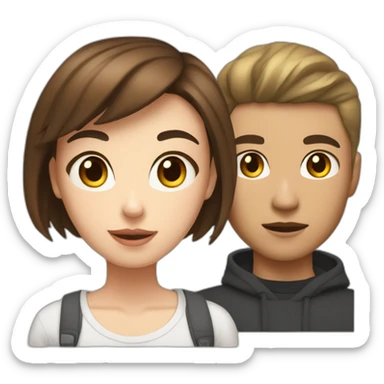 Couple of a white girl with neck-length brown hair and a mixed-race boy with short hair in streetwear. sticker