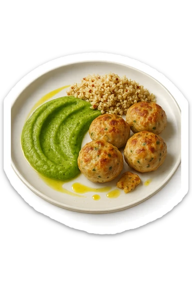 polpette di tacchino, purè di zucchine, quinoa e olio di oliva, iperrealistico 4k sticker