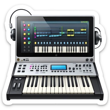 Create a professional and artistic emoji that represents writing music tracks. The design should feature a large monitor displaying musical notes or a score, positioned in front of a professional Korg synthesizer. Add elements like studio headphones, a MIDI keyboard, and an audio interface to symbolize the tools used in music production. Use sleek, modern colors like silver, black, and neon accents to convey the professional environment of music composition. The background should be transparent. sticker