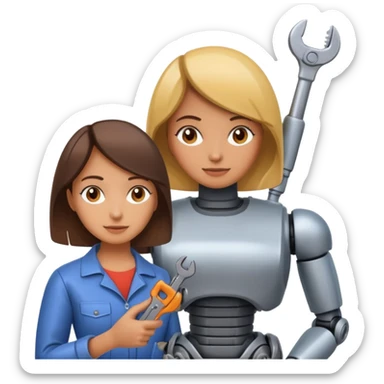 woman repairing a robot, holding a wrench sticker