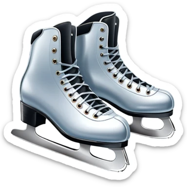 An icon featuring a pair of elegant figure skates resting on scratched ice in the center of an ice stage. The background shows distant spectator stands, with soft spotlights highlighting the skates. Transparent background emphasizes the quiet beauty of the scene. sticker