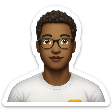 A young man with glasses wears a logo t-shirt, indoors with a neutral expression. sticker