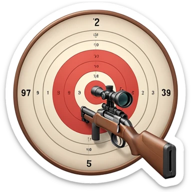 A detailed image of a rifle aimed at a target, with the target's concentric rings clearly visible. The focus is on the precision and accuracy of the sport, with the rifle positioned in front of a neutral background, emphasizing the equipment and the competitive nature of shooting. sticker