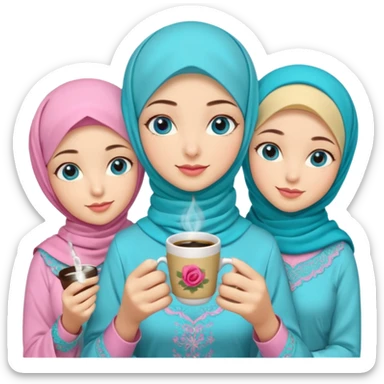 Turkish beautiful finish Konya three girls (friends) blue eyes with pink rose and turkis butter yellow hijab islamic dress and had on her hand turkish coffee   sticker