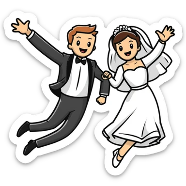 Comedic character in inappropriate outfit disrupting a wedding, jumping between bride and groom sticker