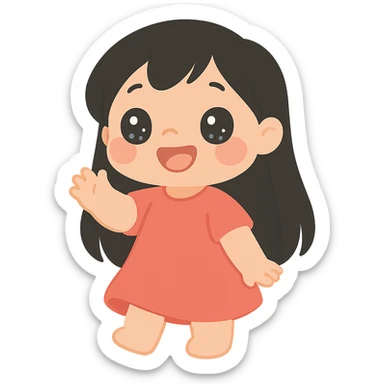 Lilo-inspired girl, kawaii style, red dress, black hair, big eyes, cute pose sticker