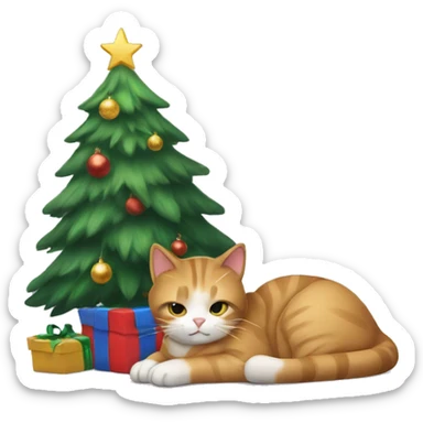 Cat snuggled under a Christmas tree sticker