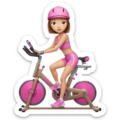 Light tan girl with a brown bob hat style with pink highlights in a pink workout set leaning on a indoor cycle bike sticker