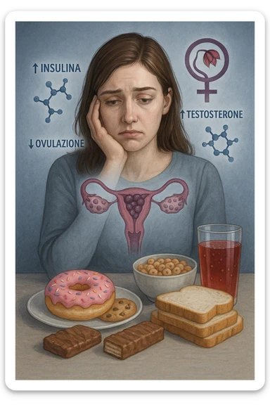 Donna tra i 25 e i 35 anni con espressione affaticata e delusa, seduta a tavola. Davanti a lei cibi ad alto indice glicemico: dolci industriali, cereali raffinati, bibite zuccherate. In trasparenza sopra il suo corpo si vedono ovaie con cisti multiple (PCOS) e un simbolo stilizzato di fertilità (utero con fiore appassito o cerchio spezzato). Attorno a lei fluttuano molecole simboliche come '↑ Insulina', '↑ Testosterone', '↓ Ovulazione'. Atmosfera triste ma educativa. Colori freddi con accenti in rosso e viola. Stile realistico con elementi visivi simbolici chiari in italiano sticker