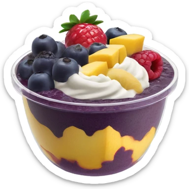 Açai bowl (made out of soft serve açai blend) in a a clear tub/cup with fruit  sticker
