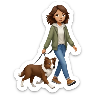 A beautiful girl with long brown hair walks a Border Collie sticker