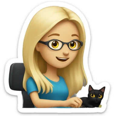A long haired blonde girl designing an interface with a black cat sticker