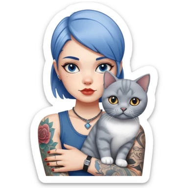 Cool girl with tattoos holding a british shorthair blue white cat sticker