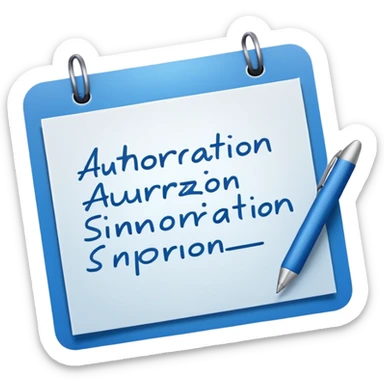 Emoji de una hoja firmada con una firma azul simulada y título “Autorización”. sticker