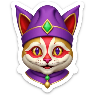 crazy colorful cute little cat jolly joker from poker, medieval, vintage, court jester, mac os icon, purple, gold and red color, half body. Squared shape as 3D mac os icon, symmetrical sticker