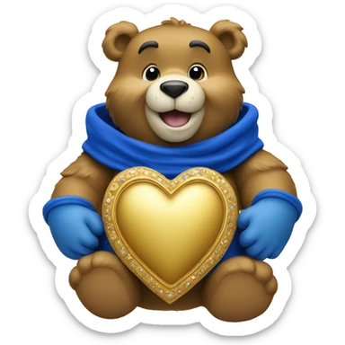 A care bear hold a royal blue and gold heart sticker