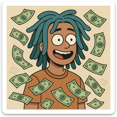 a person with blue dreads surrounded by floating cash, cartoon style sticker