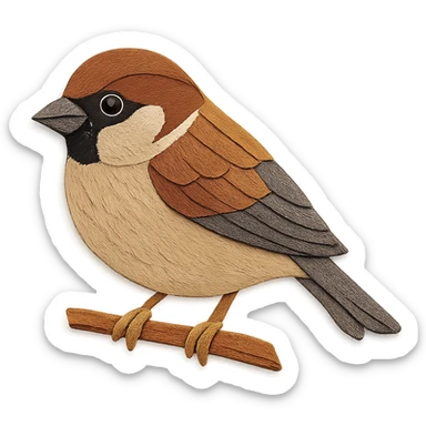 house sparrow on a branch, layered paper details, natural brown and gray plumage, expressive eye sticker