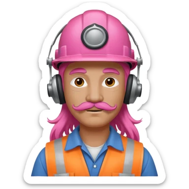 construction worker with long pink hair and ppe headphones and mustache sticker