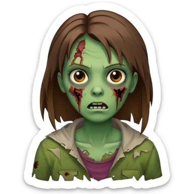 a zombie woman with straight brown medium hair with green skin sticker