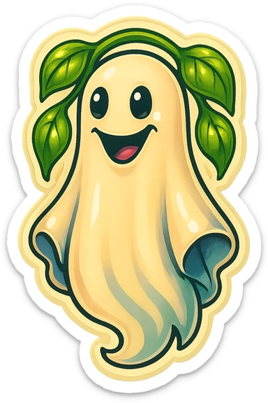 Move the vine and leaves from the ghost's head to behind the ghost as decorative elements in the background. The leaves and vine should frame or accent the ghost from behind, not covering its face or body. Maintain the retro sticker style with expressive shadows and highlights, and keep the friendly look of the ghost. sticker