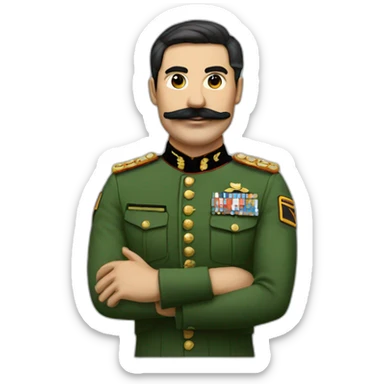 A man with a square mustache a green army uniform that stretches his arm to 120 degrees with hair plated from right to left and black sticker