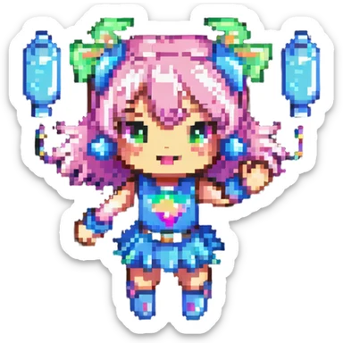 pixel art of a battery girl mascot, energetic pose, sparkles, pastel accents sticker