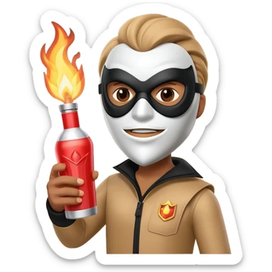 A 3D cartoon masked figure holding a lit Molotov cocktail, dark background, dramatic light, realistic Memoji-style. sticker