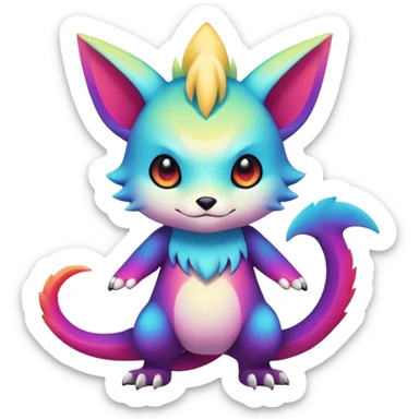 Vibrant colorful-gradient anime-styled edgy cool badass cute random Fakémon-creature, with random markings, full body sticker