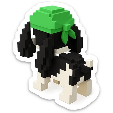 A black and white Russian Cocker Spaniel puppy wearing a green durag, voxel style, facing backward sticker