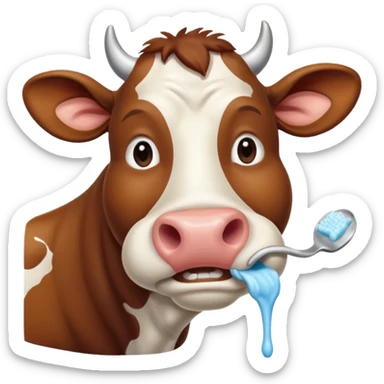 A cow brushing its teeth, looking sleepy and drowsy, portrait, bust up sticker