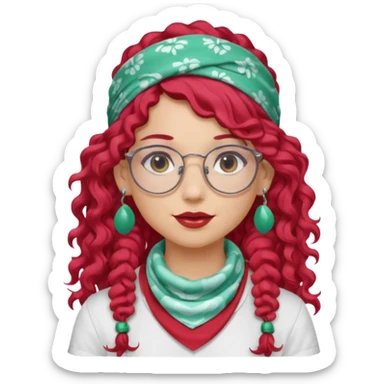 girl with long curly peppermint hair and single-color bandana and glassess and earring sticker