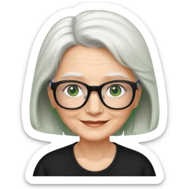 White hair grandma, green eyes, hair to shoulder, lokeg black glasses, rectangles face, smile , sticker