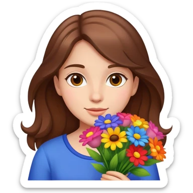 brown-haired girl holding a colorful bouquet of flowers sticker