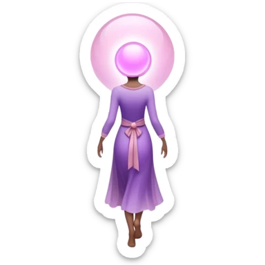 A small figure walks back across a foggy bridge, holding soft pink and purple orbs in each hand—symbolizing compassion and forgiveness. A gentle heart aura trails behind them, showing healing in motion. sticker