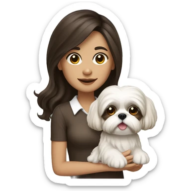 Young dark brunette medium kin hair woman with a cream shih tzu in her arms long wavy hair sticker