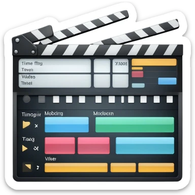Create an emoji representing video editing. The design should feature a video editing software interface with a visible timeline, video clips, and audio tracks. Include elements like a film strip or a clapperboard to represent the filmmaking aspect. No smiley faces. Make the background transparent. sticker