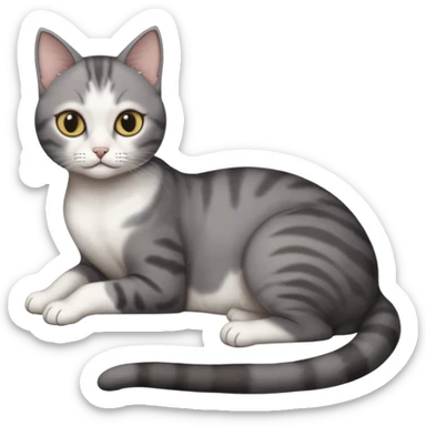 full body tiny short hair dark grey and white cat with white front legs anh azel eyes lying down sticker